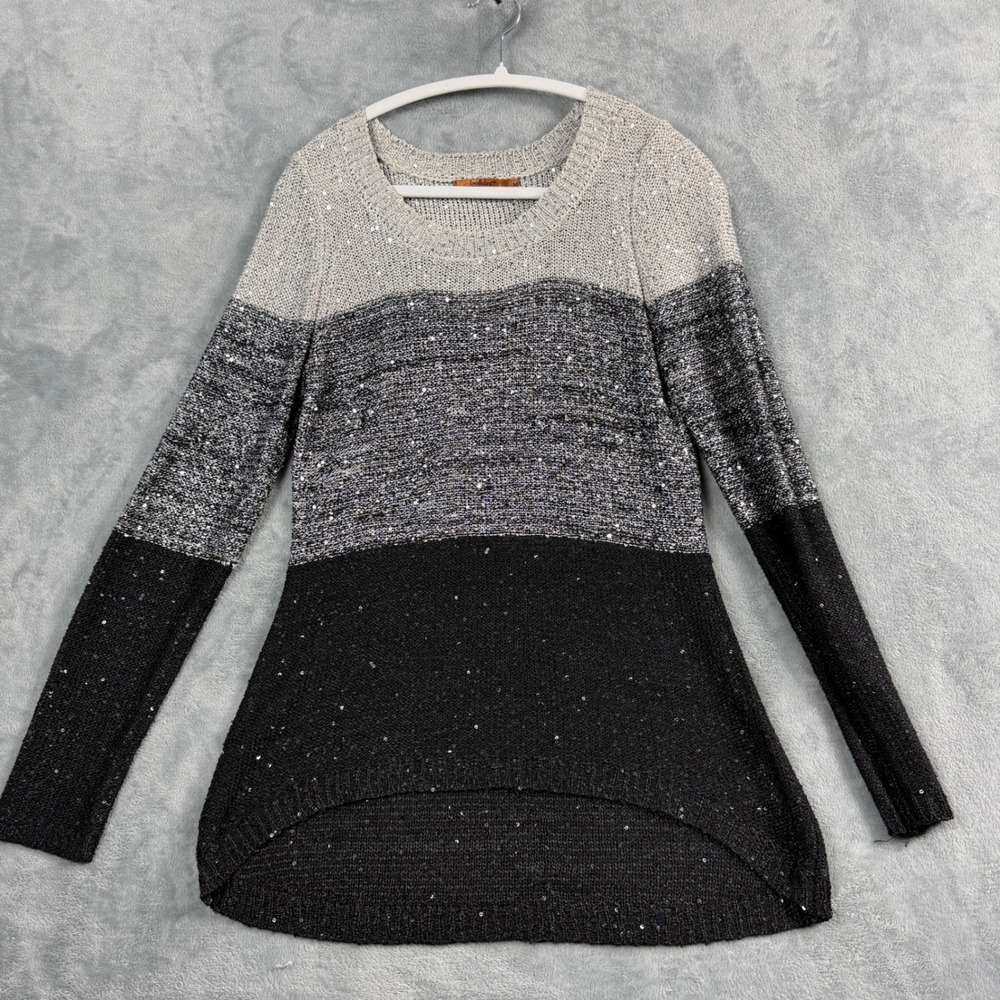 Belldini Womens M Gray Black Sweater Colorblock Sequin Sparkle Y2K Office Siren